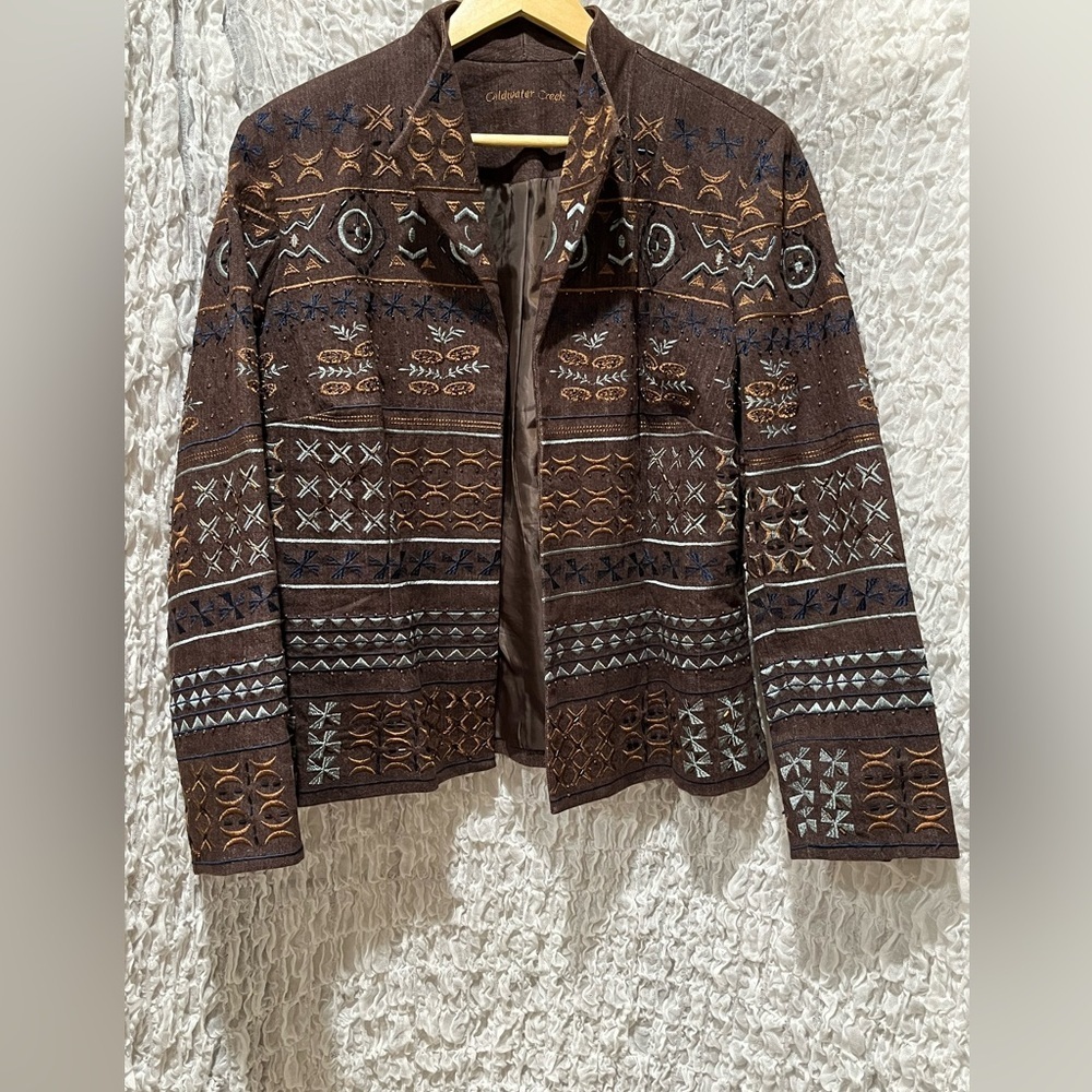 Bohemian Brown Geometric, EMBROIDERED, BEADED COLD WATER CREEK Jacket, SIZE 16